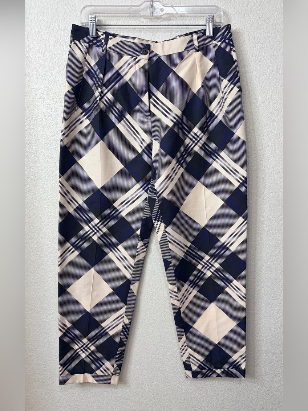 Dries van Noten Vintage Navy Cream Plaid Trousers Ankle Pants Size 42 like new